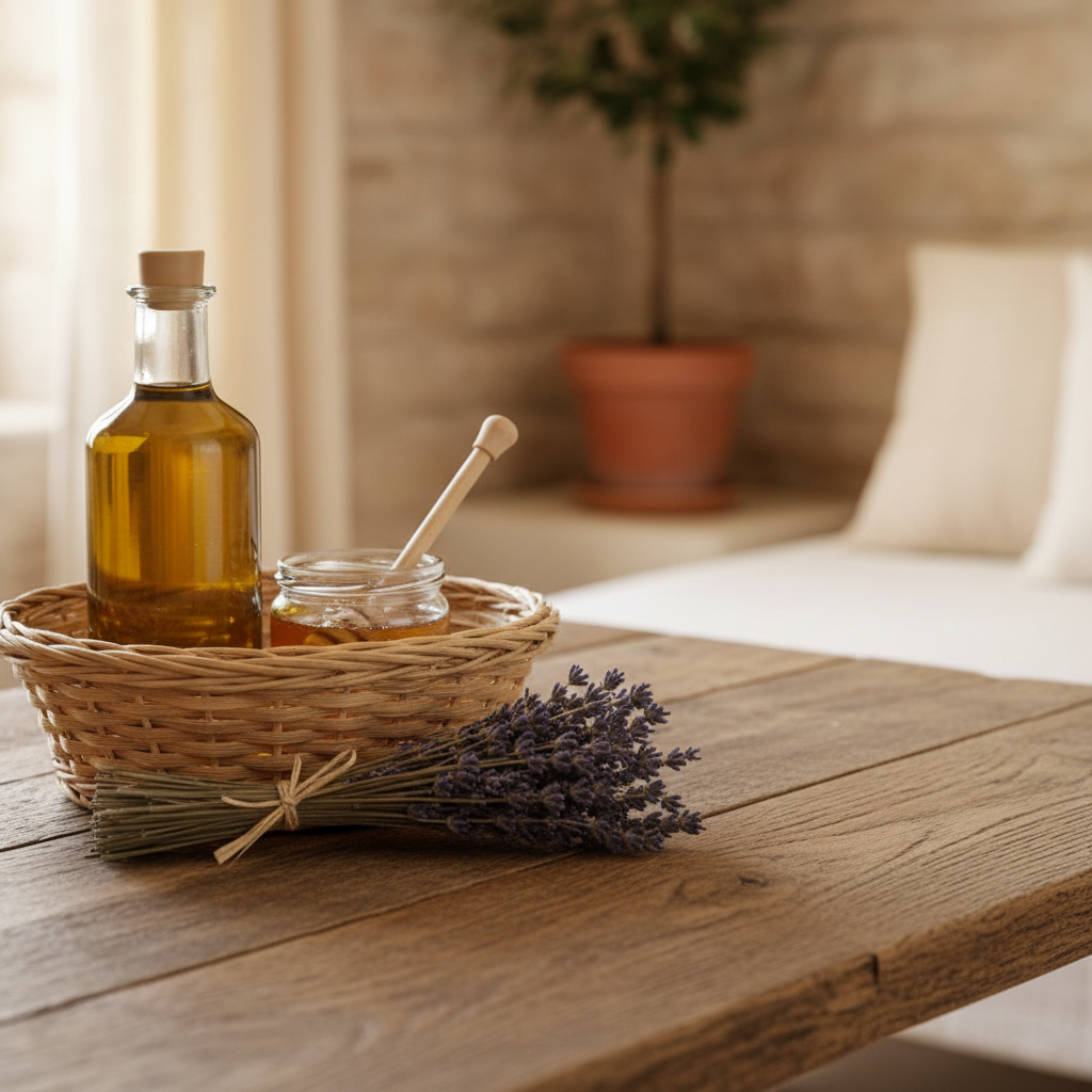 A welcome basket with local Croatian products, like olive oil and lavender, symbolizing a successful booking and hospitality.
