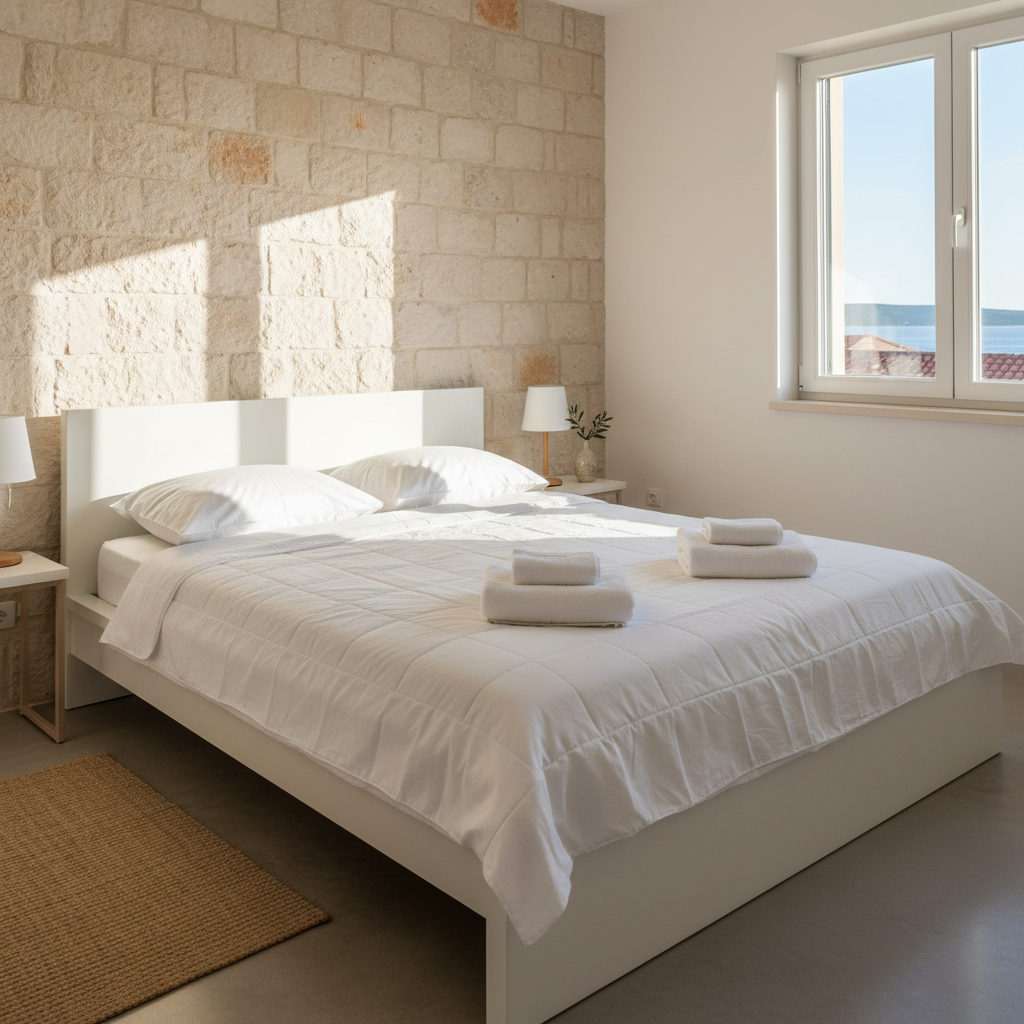 An immaculately clean and tidy bed with white linens and towels in an apartment room, symbolizing high standards of cleanliness.