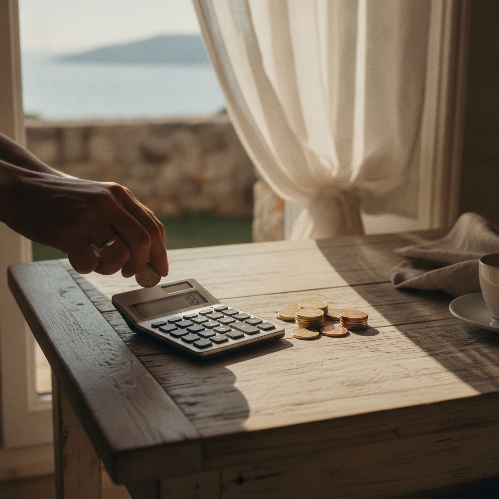 A business card with a QR code for direct apartment bookings placed on a wooden table next to keys.