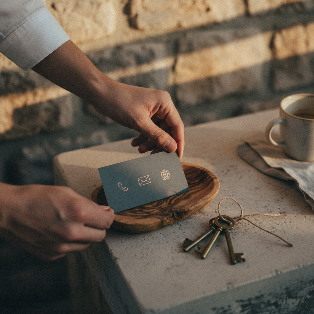 A host's hand places a business card and keys on a wooden tray as a welcome gesture and a way to offer direct contact for future bookings.
