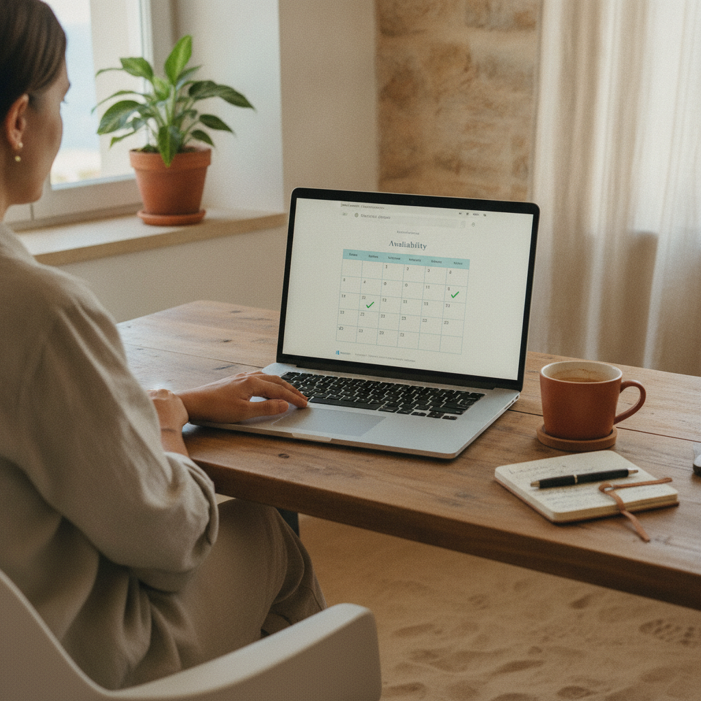 A person browsing a direct booking website for a vacation rental on a laptop, with a focus on the embedded availability calendar.