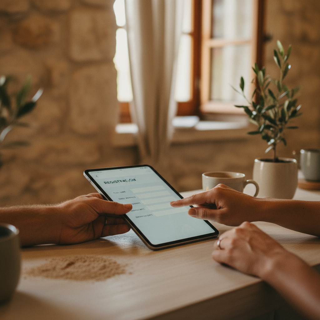 A guest's hand entering data on a tablet during apartment check-in, with a focus on typing an email address for future communication.