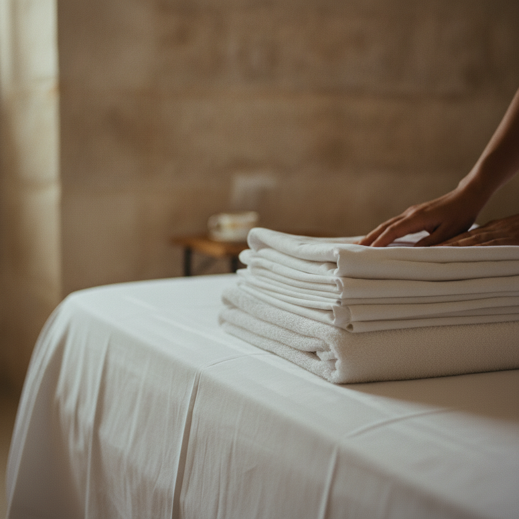 Close-up of neatly folded, freshly laundered white linens and towels, representing the significant fixed cost of cleaning per booking.