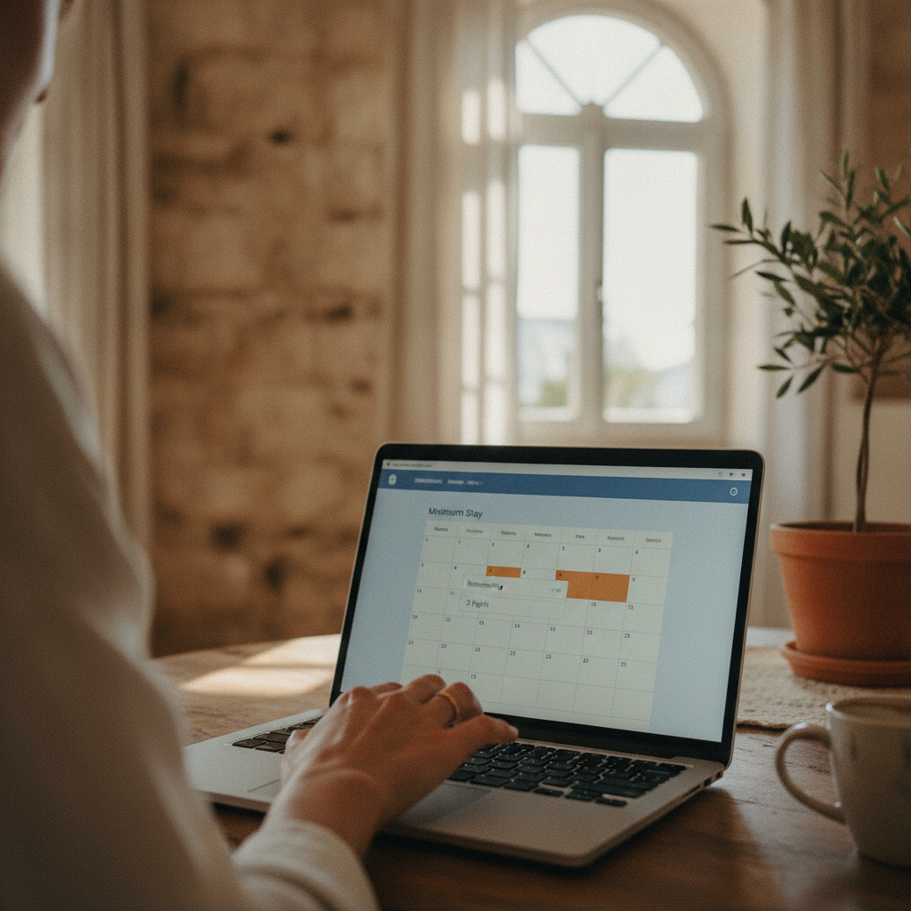 A person on a laptop setting the minimum night stay to '3' in a booking platform's calendar, as a key strategy for ensuring profitability.