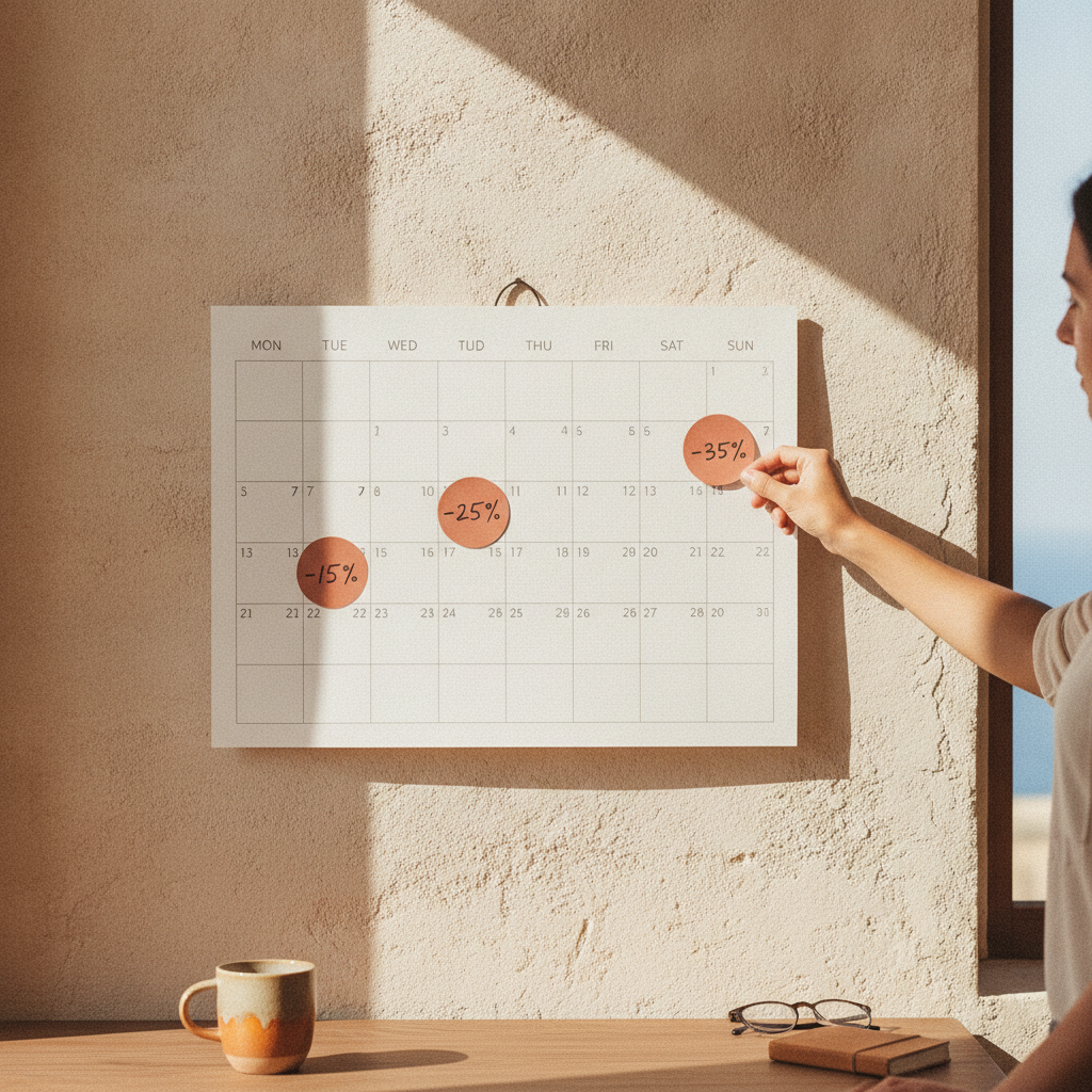 A wall calendar with a hand placing a percentage discount sticker on a date, visually representing the 7-3-1 rule.