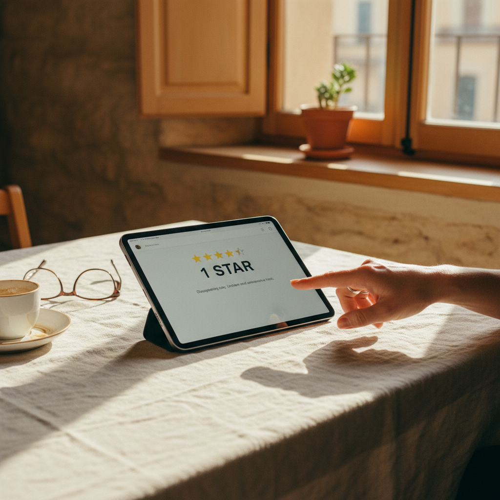 A vacation rental host using a laptop to report a fake review on the Booking.com extranet.