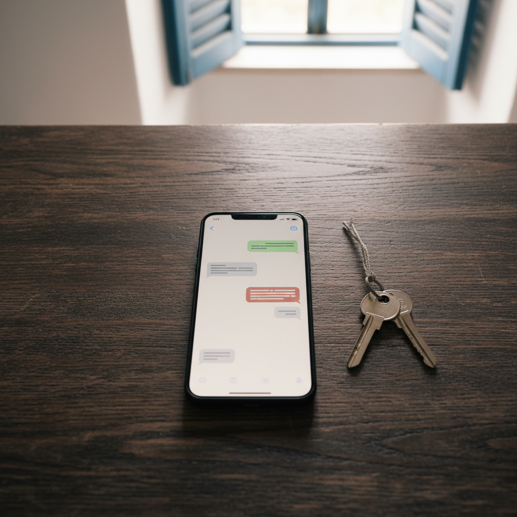 A smartphone on a table displays a threatening message, symbolizing the evidence needed to report guest blackmail.