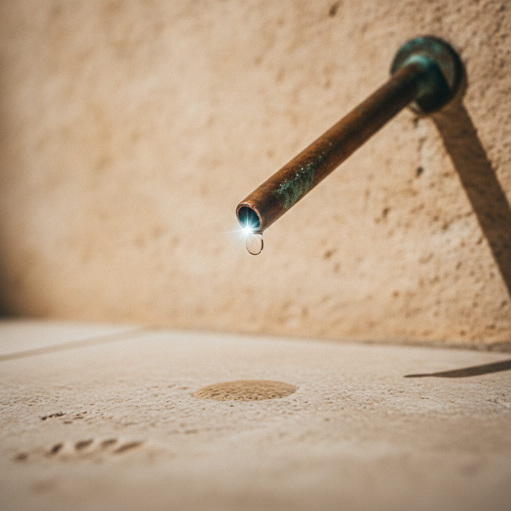 Close-up of a water drop on a copper pipe in a modern bathroom, symbolizing an urgent water leak.