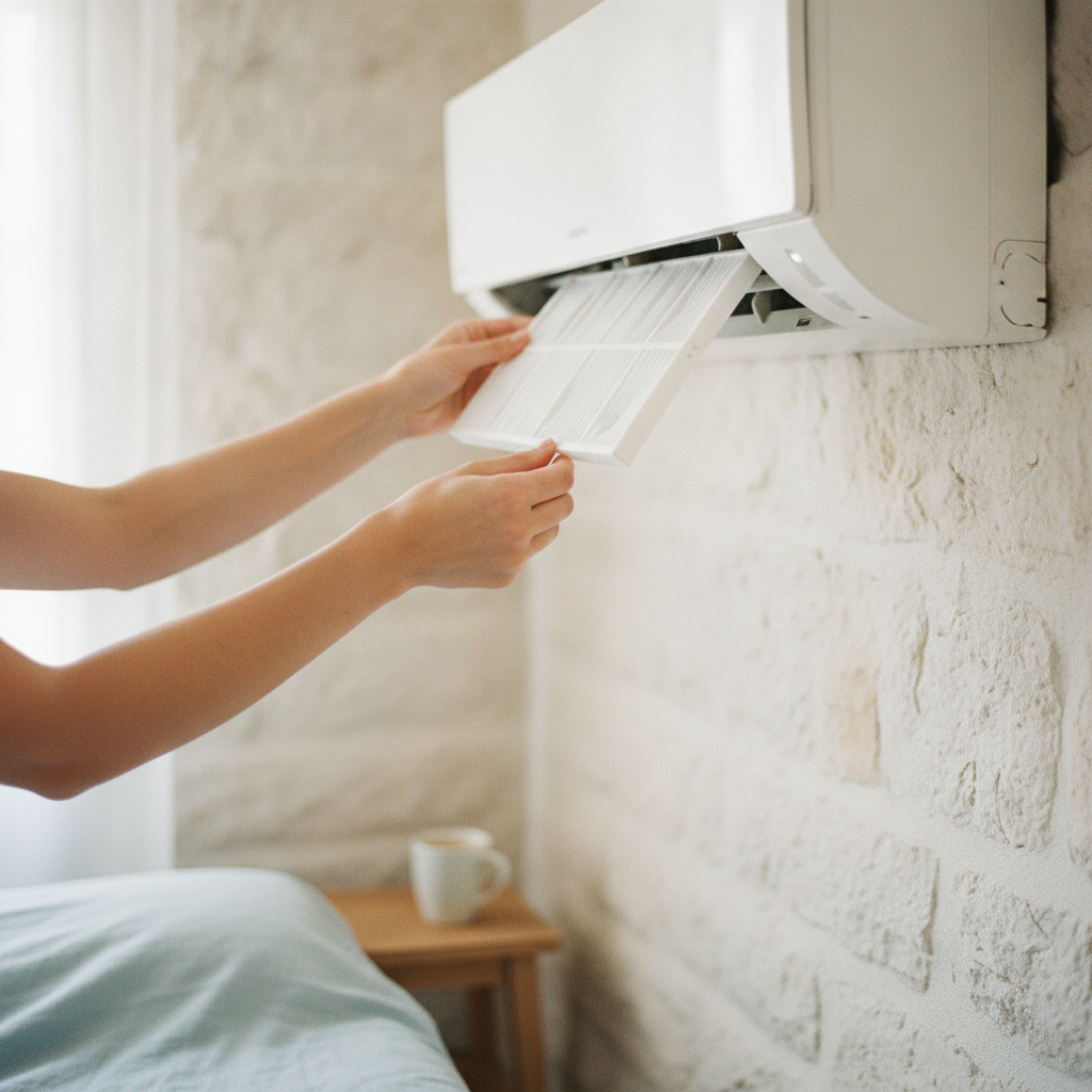 A technician's hands carefully inserting a clean filter into an indoor AC unit, showing preventative maintenance.