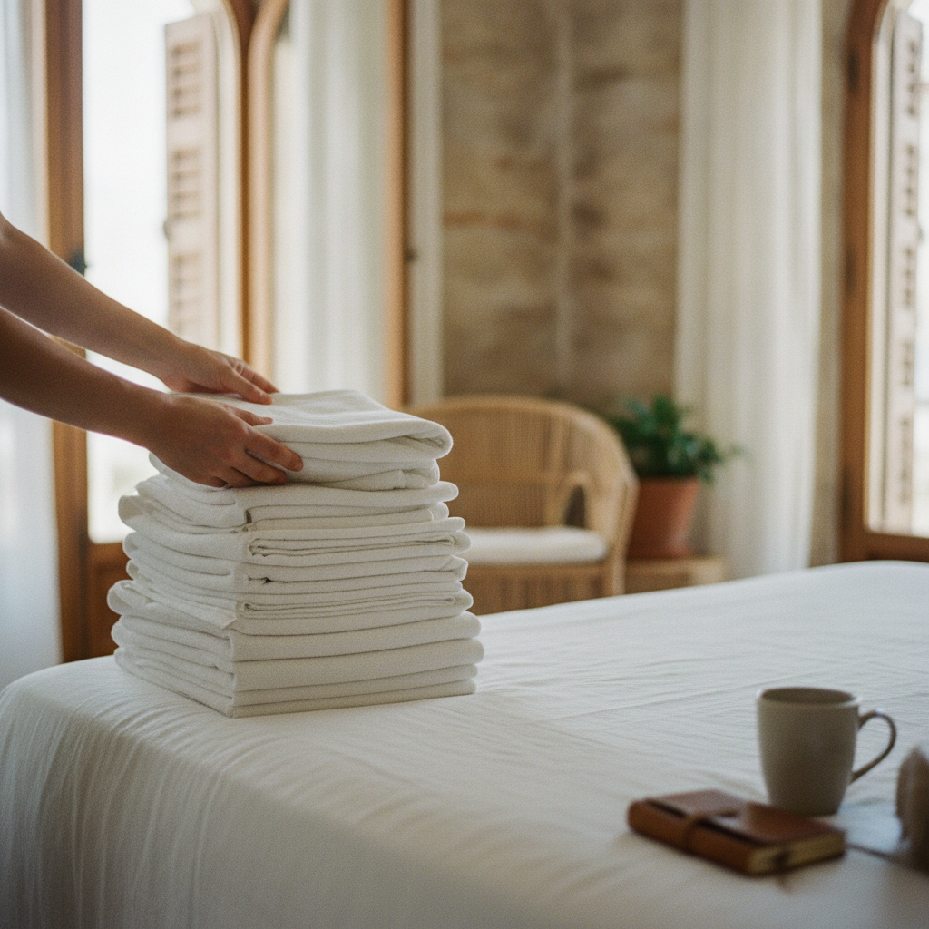 A neat stack of fresh white linens and towels on an apartment bed, representing cleaning and preparation costs.