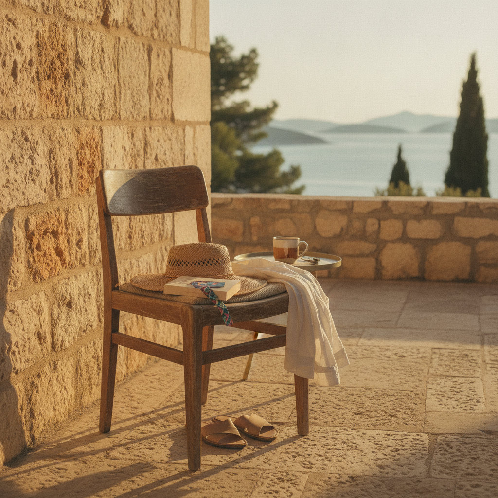 A beach hat, book, and sandals on a chair in a room, creating a sense of a relaxed, longer guest stay.