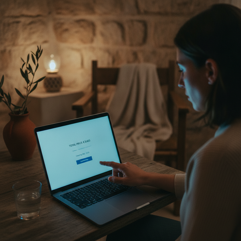 A guest looking hesitantly at a laptop screen showing an unexpected cleaning fee at the end of the booking process.