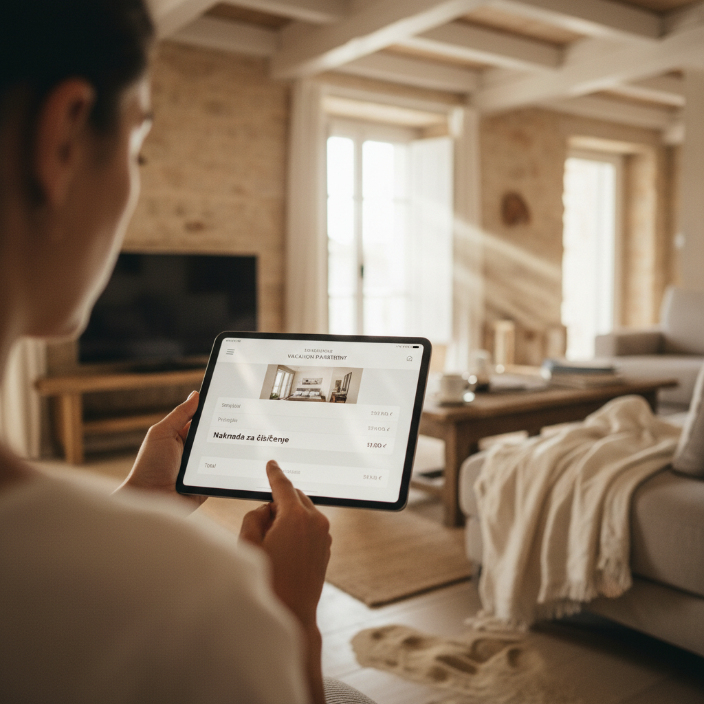 A person holding a tablet displaying a booking page with the 'Cleaning Fee' line item clearly highlighted.