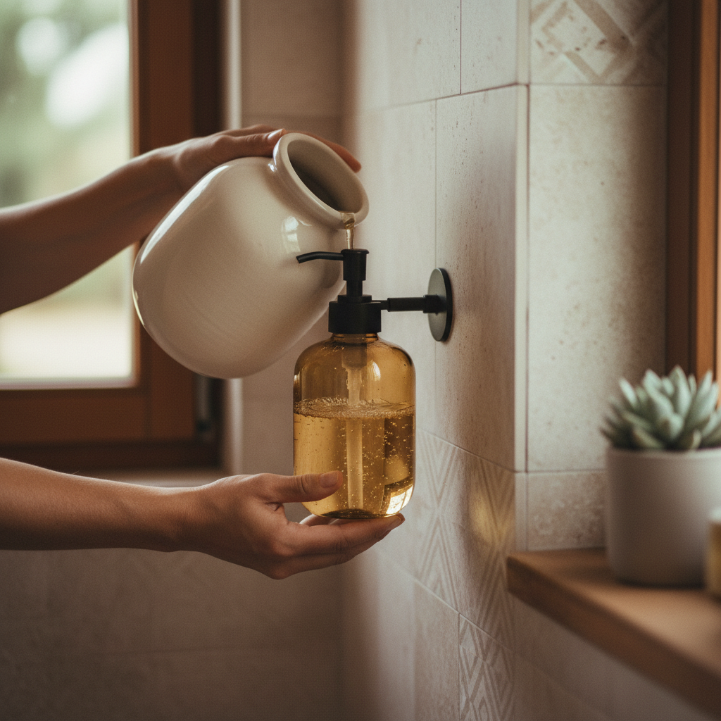 A modern apartment bathroom with wall-mounted soap and shampoo dispensers next to the sink.