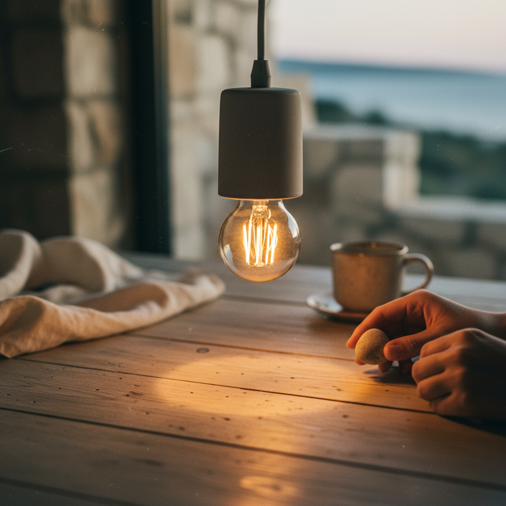 A close-up of a warm, energy-efficient LED bulb in a designer pendant light, creating a cozy atmosphere in the apartment.