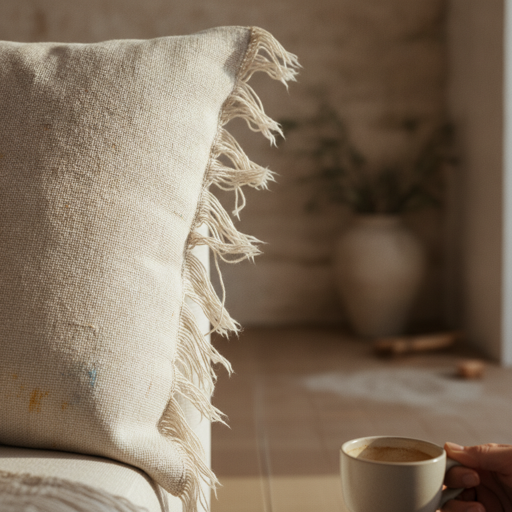 Close-up of a frayed pillow edge on a sofa, showing normal wear and tear that platform protection often doesn't cover.