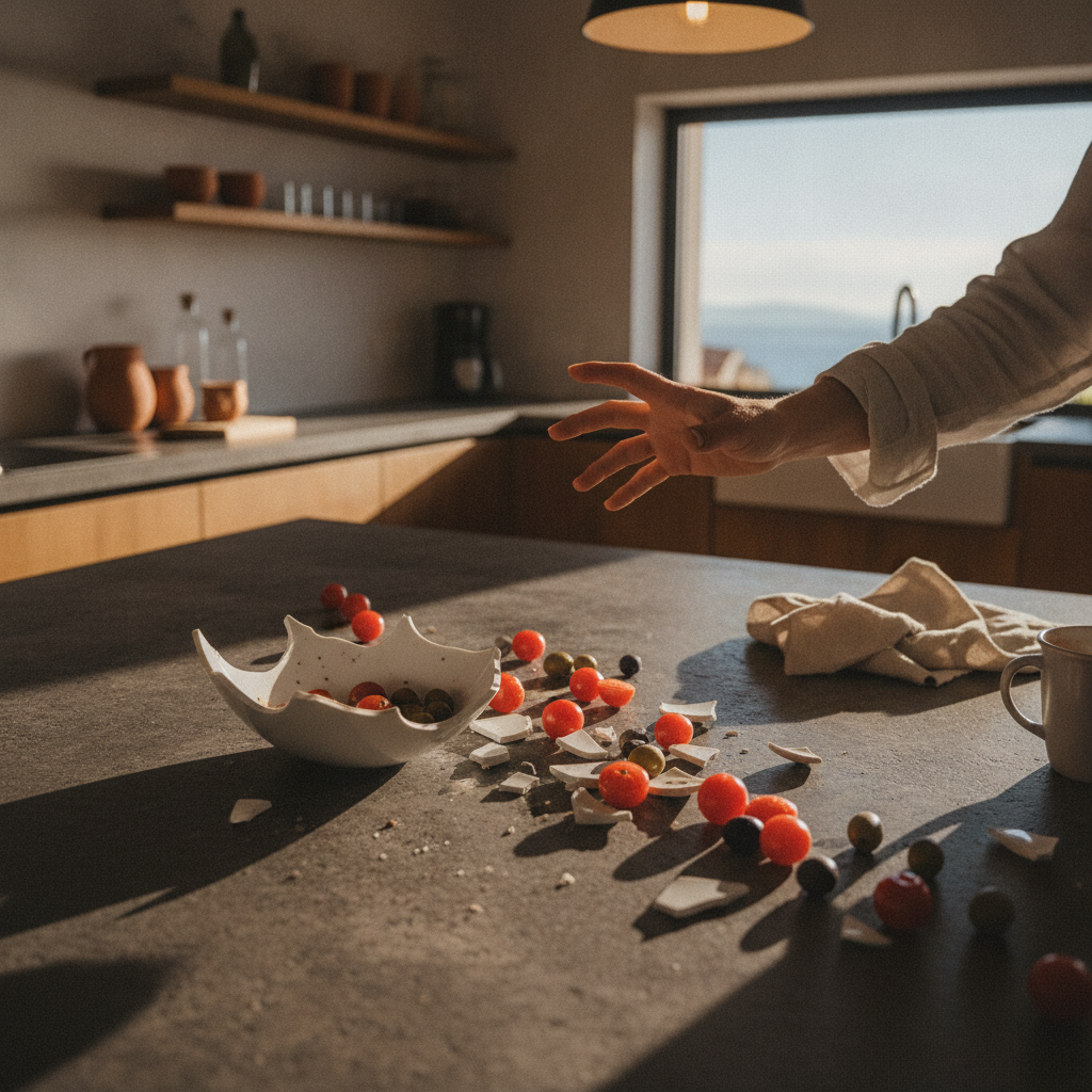 A broken ceramic bowl on a kitchen countertop, illustrating property damage caused by a guest that basic insurance may not cover.