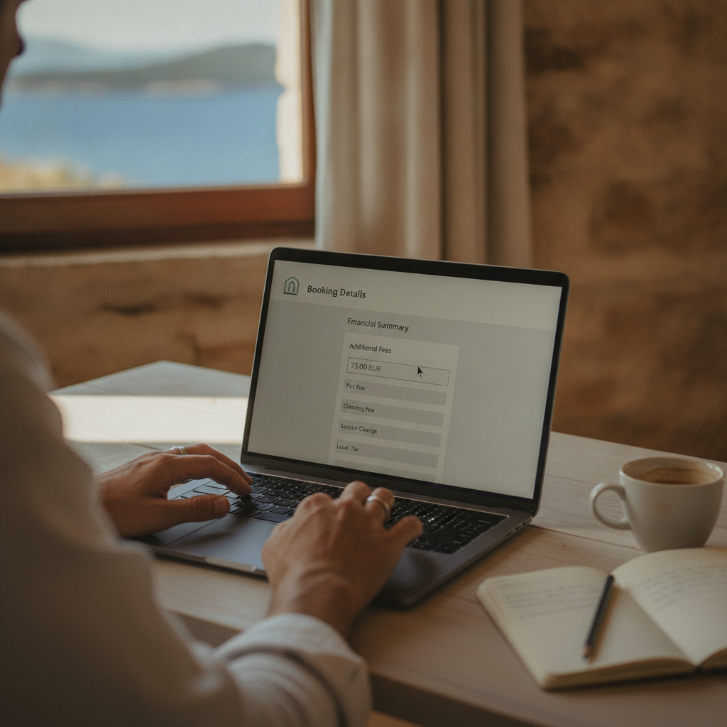 A host's hands on a laptop, entering a pet fee amount in the admin interface of a booking site.