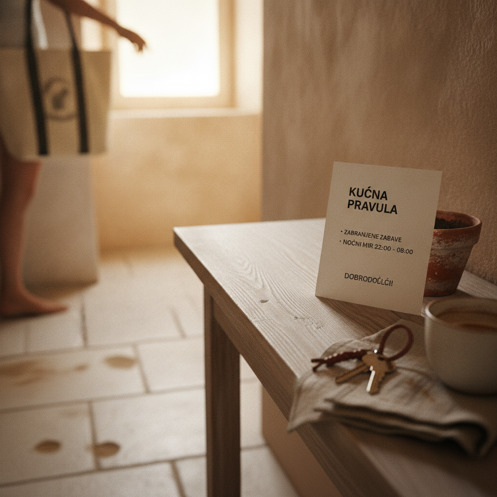 An elegant house rules card on an entryway table, with clearly highlighted rules about no parties and quiet hours.