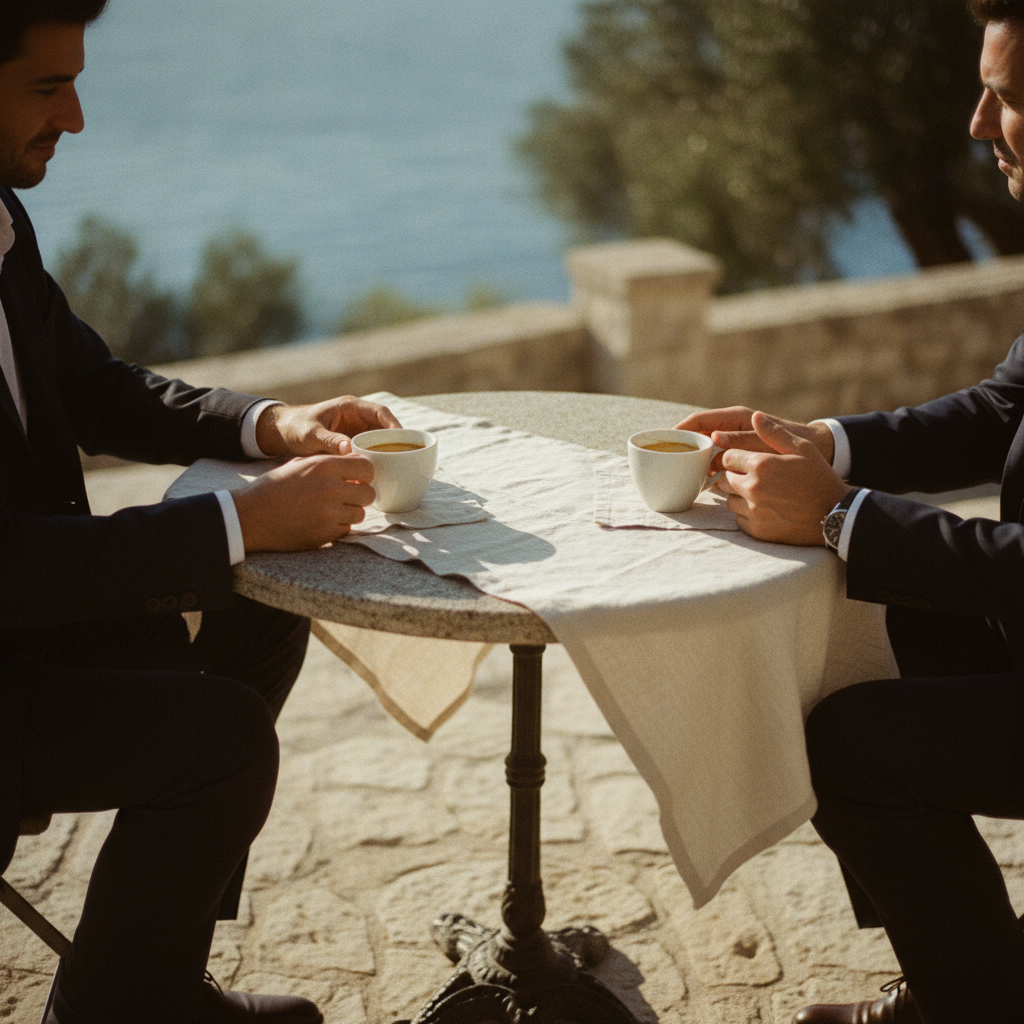 Two people having a calm morning conversation over coffee on an apartment terrace, illustrating a professional and composed approach to problem-solving.