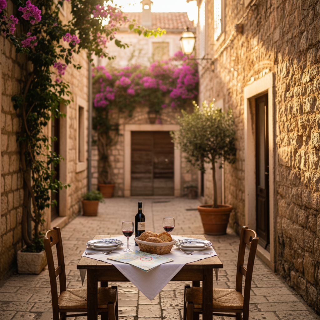 A beautifully set table for two in a stone alley of a Dalmatian town, representing a personalized host recommendation that leads to a positive experience.