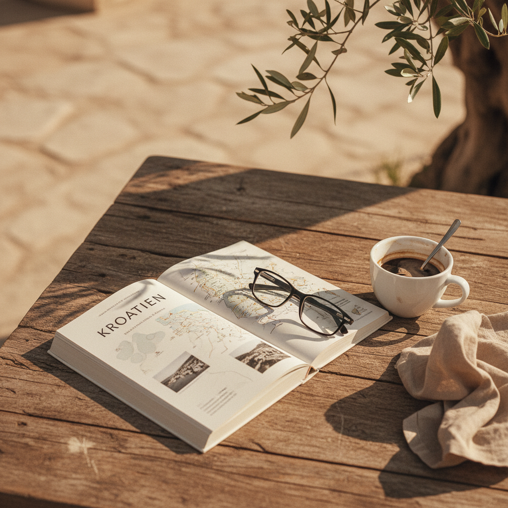 An apartment terrace overlooking an olive grove in Istria in May, ideal for a shoulder season vacation.