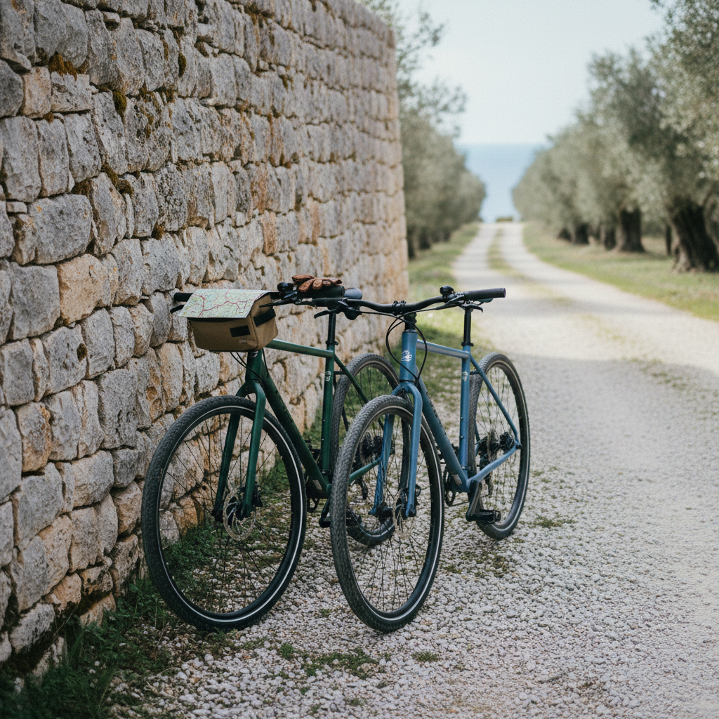 Two bicycles leaning against a stone wall in Istria, representing an active holiday offer during the shoulder season.