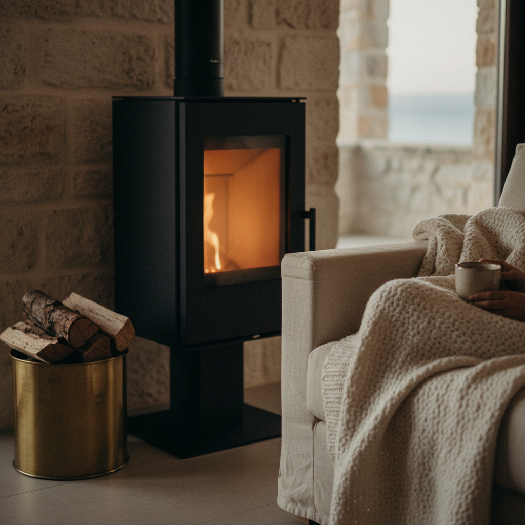 A detail of a modern wood-burning stove in an apartment, with a wool blanket, illustrating the importance of heating for shoulder season guests.