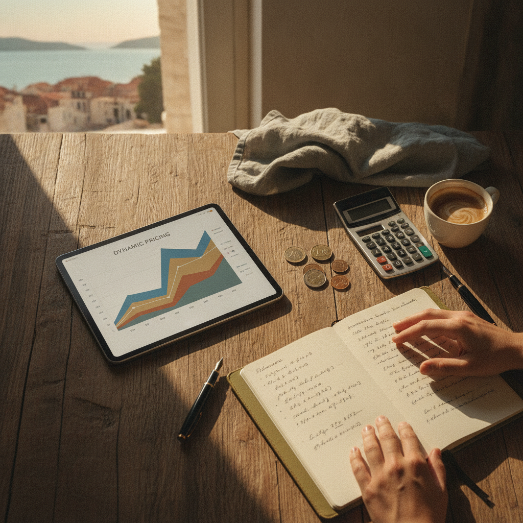 A person analyzing pricing graphs on a laptop, with a booking calendar in the background.