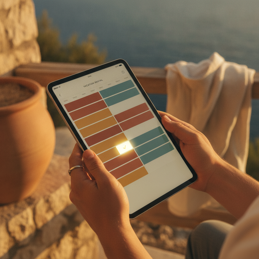 A hand holding a tablet showing an apartment booking calendar where software has automatically filled a one-day gap between two longer reservations, illustrating the tool's efficiency.