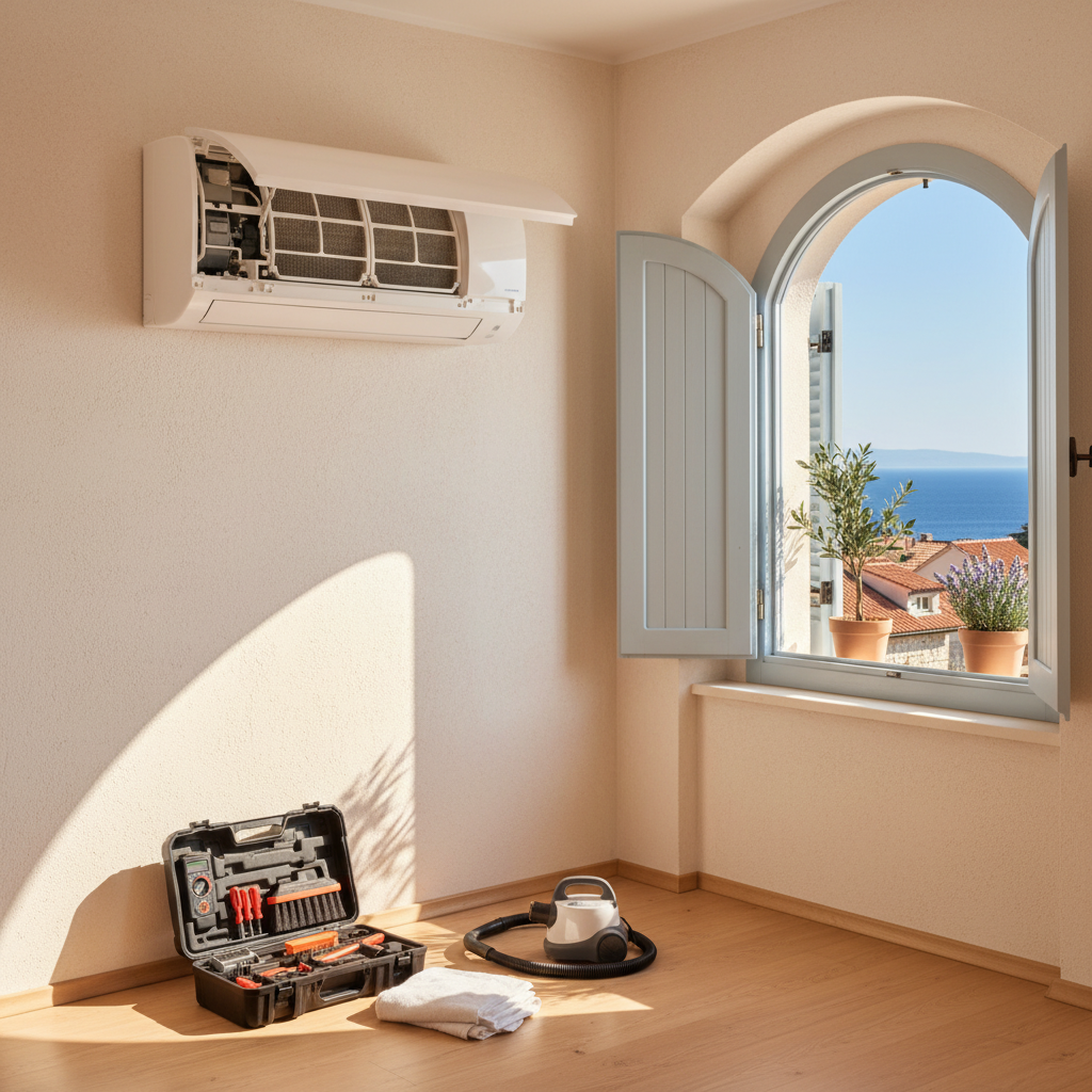 AC unit on apartment wall - technical inspection before the season