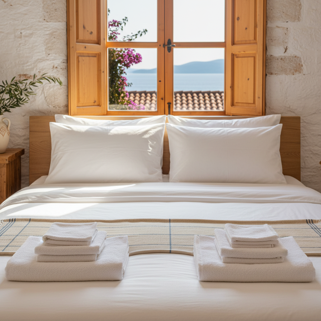 White towels and bed linen neatly arranged on the bed