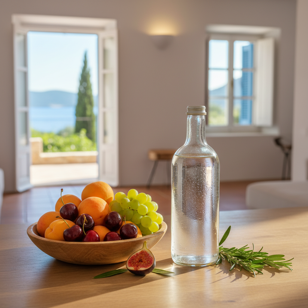Guest welcome - bottle of water and fruit on apartment table