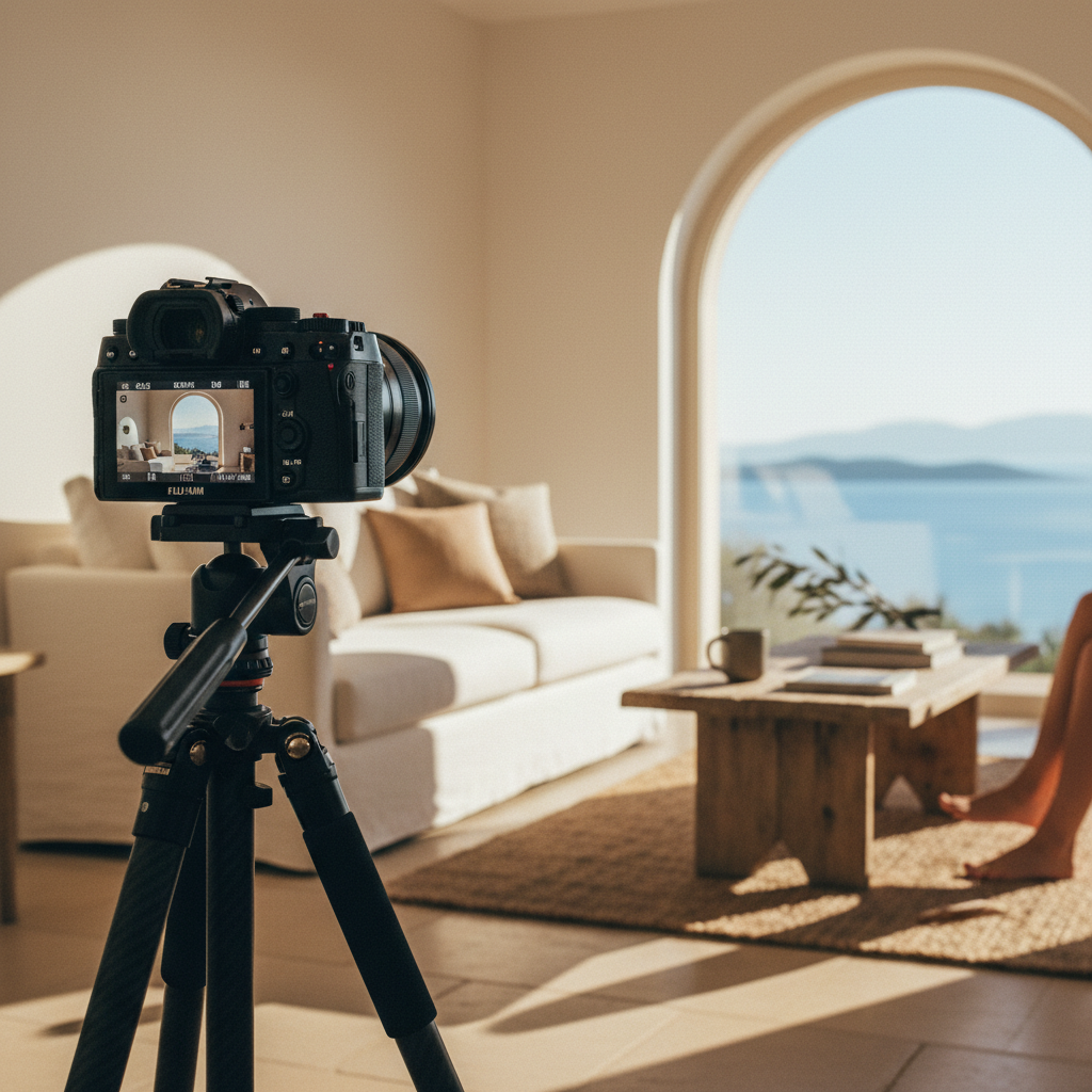 Professional photograph of a modern apartment interior with a sea view in Hvar