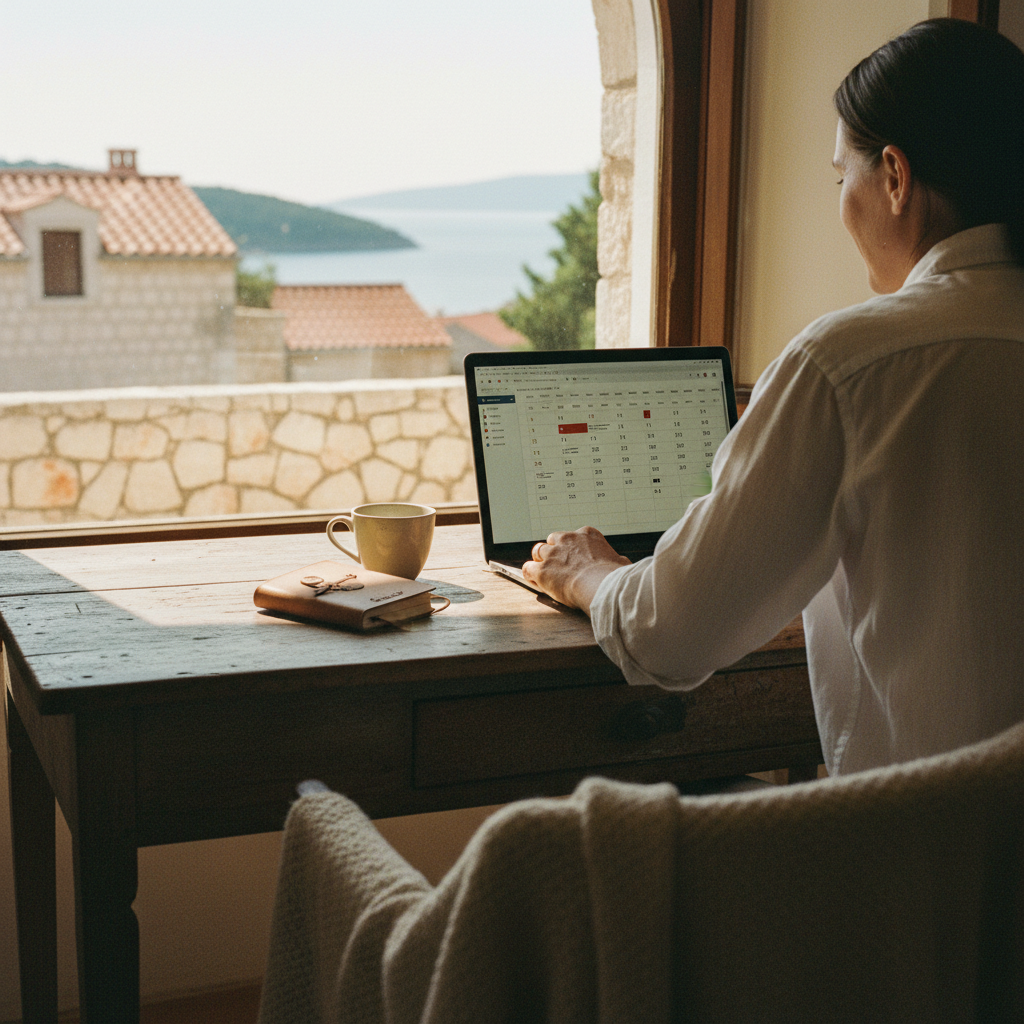 A laptop screen showing a booking calendar filled with reservations, symbolizing business success.