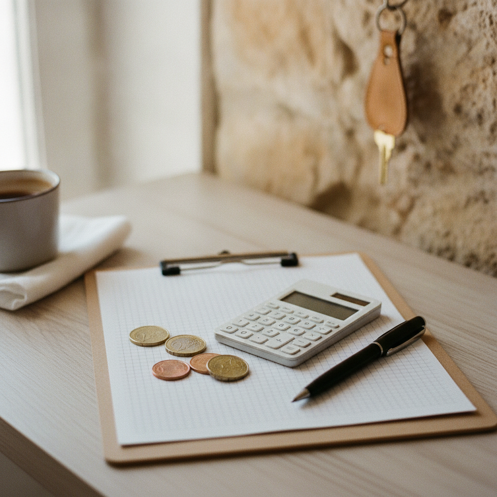 Calculator, euro coins, and a price list on a table, illustrating financial planning and ROI calculation for investing in professional photos.