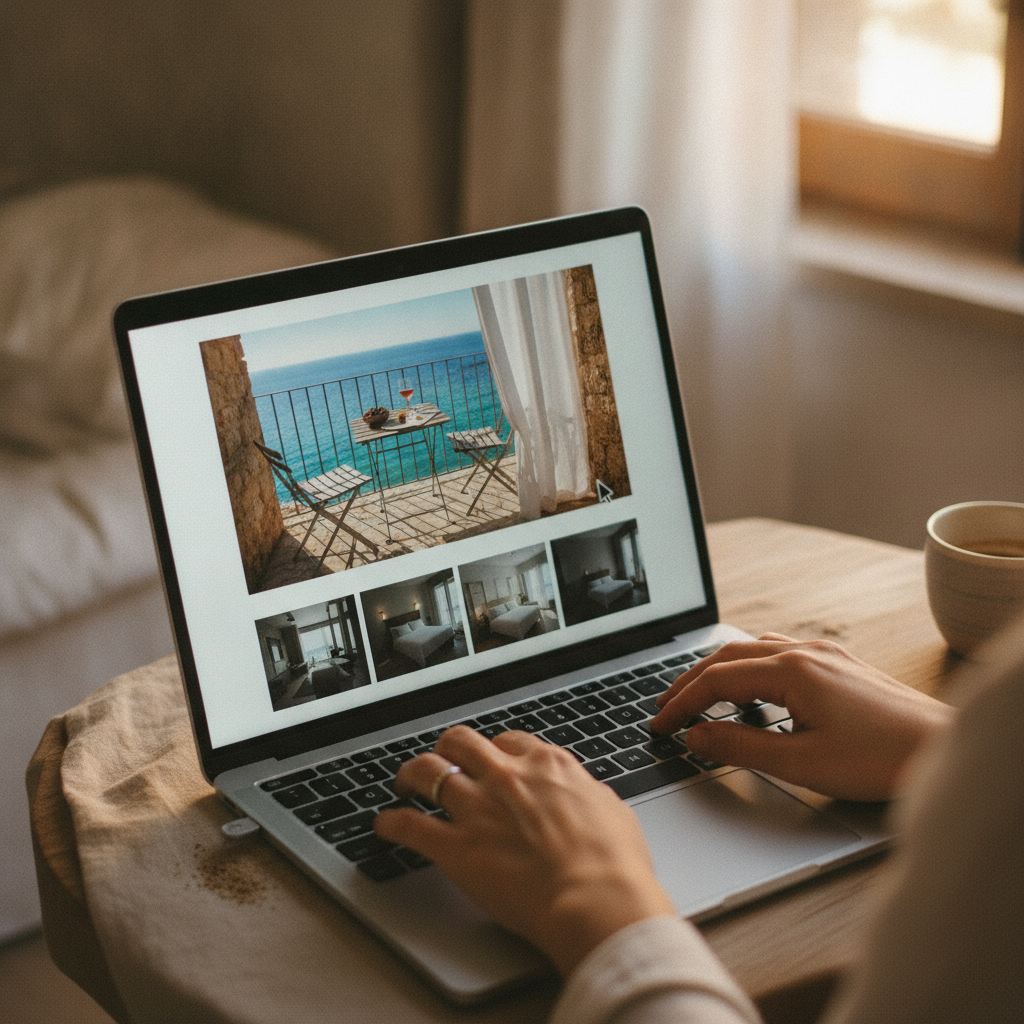 User on a laptop browsing a vacation rental listing, with the mouse cursor hovering over an attractive professional photo.