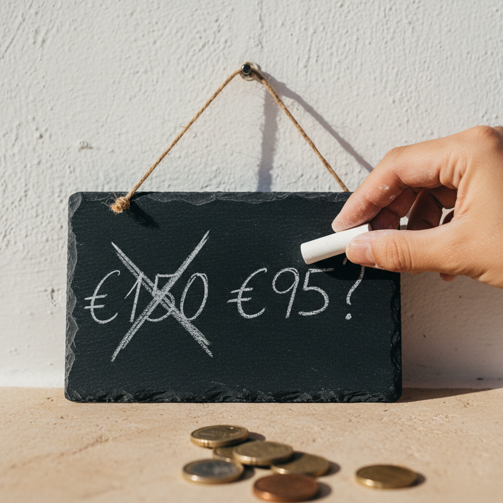 Close-up of a price in euros crossed out with chalk on a small blackboard, symbolizing the mistake of drastically lowering accommodation prices.