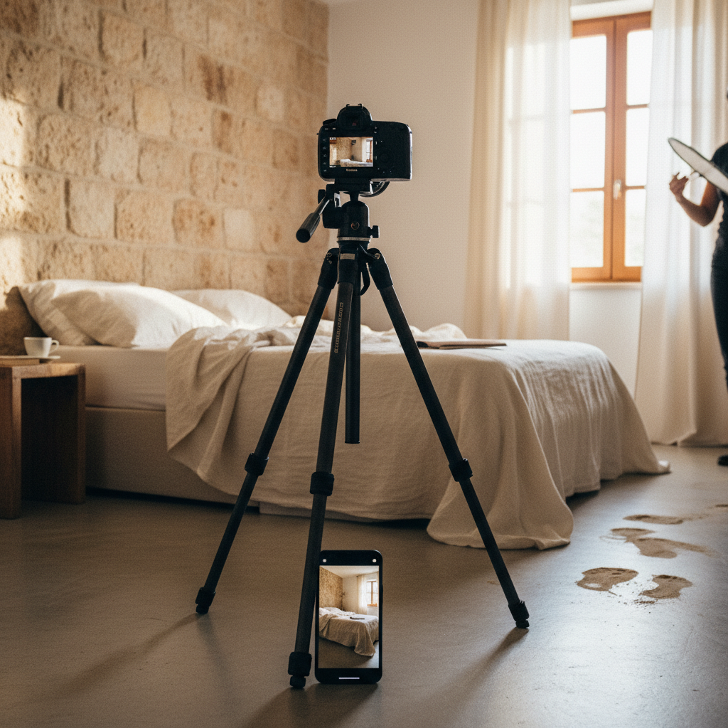 A professional camera on a tripod captures a stylized bedroom, while a mobile phone on the floor displays a poor photo of the same space.