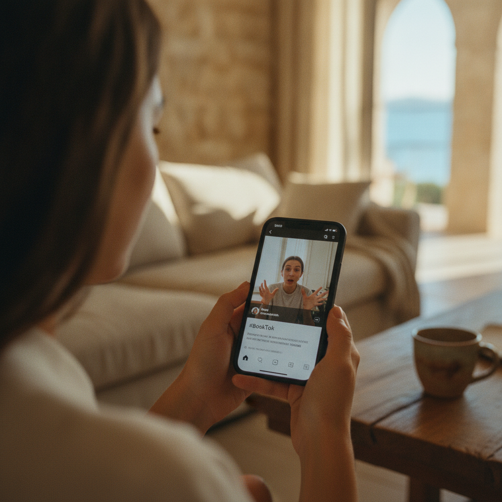 A woman holding a smartphone displaying #BookTok, illustrating the impact of digital trends on travel.