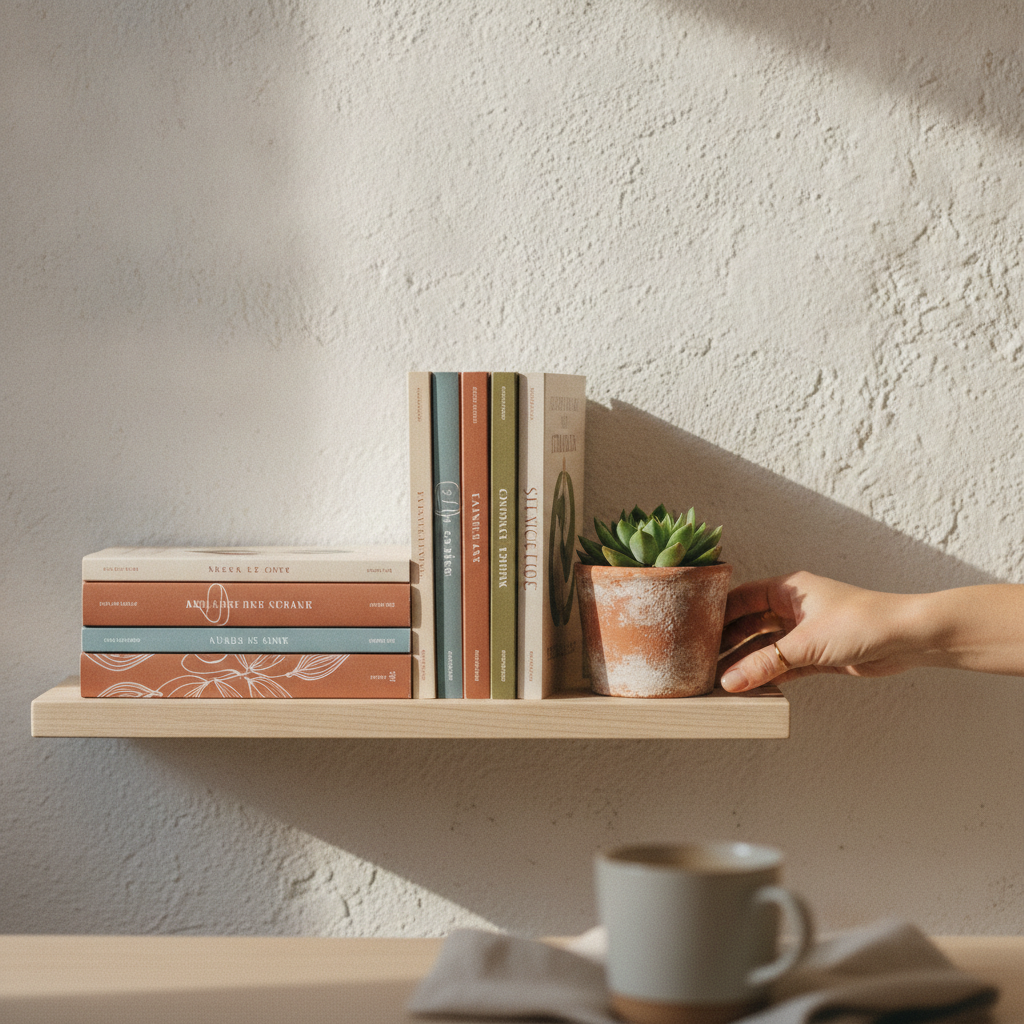 A detail shot of a small, carefully curated home library on a shelf, a key element for creating a 'reading retreat' apartment.