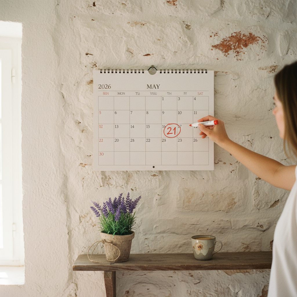 A hand pointing to May 21, 2026, on a wall calendar, symbolizing the actual deadline for the registration number.