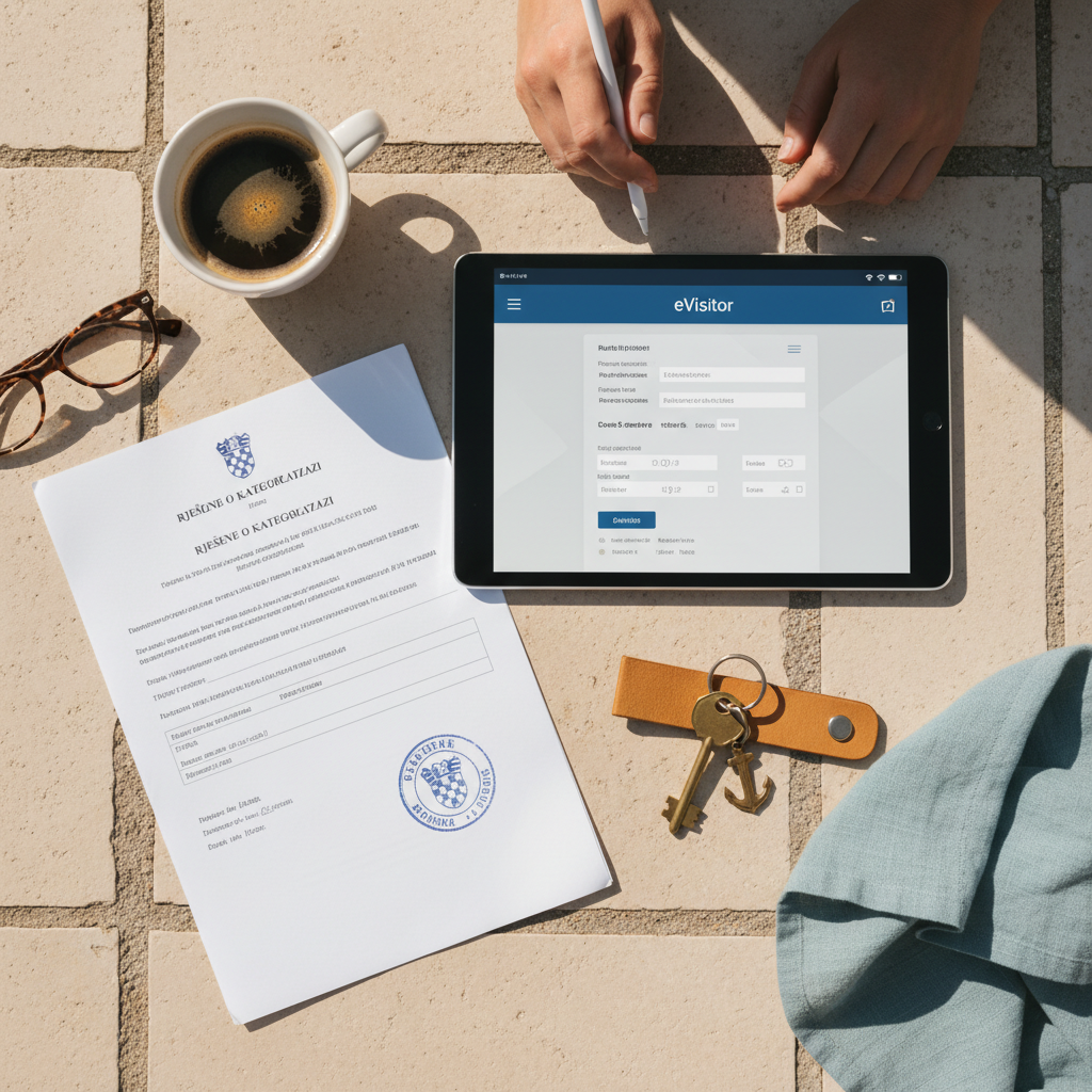 A side-by-side view of different host documents: a categorization decision, the eVisitor system on a tablet, and apartment keys, illustrating the difference with the new registration number.