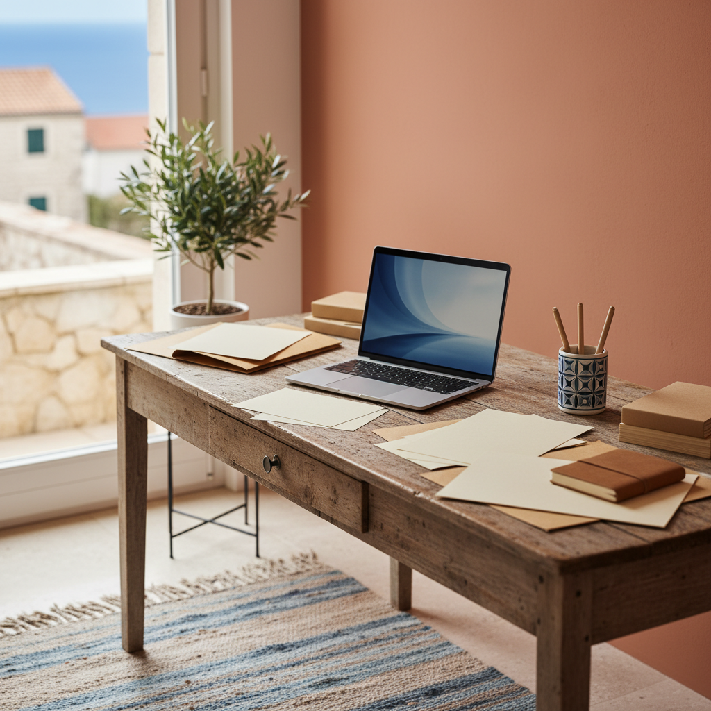 Office with laptop and papers - preparing documentation for the season