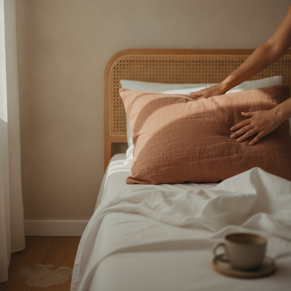 Hands adjusting a new linen pillow on a freshly made bed in a vacation rental bedroom.