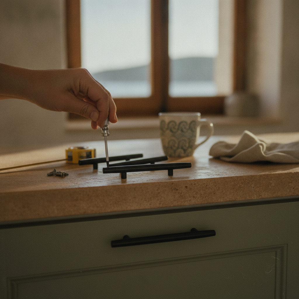 Close-up of a hand installing a new, modern handle on a kitchen cabinet during a renovation.