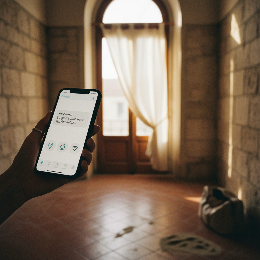 A smartphone in hand displays a perfectly formatted check-in message sent to a guest, with apartment keys and clean linens in the background.