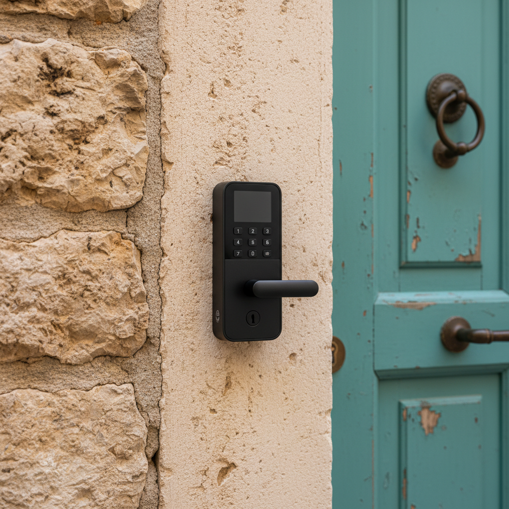 A modern smart lock or keybox mounted on an old stone wall, symbolizing a simple and secure self check-in.