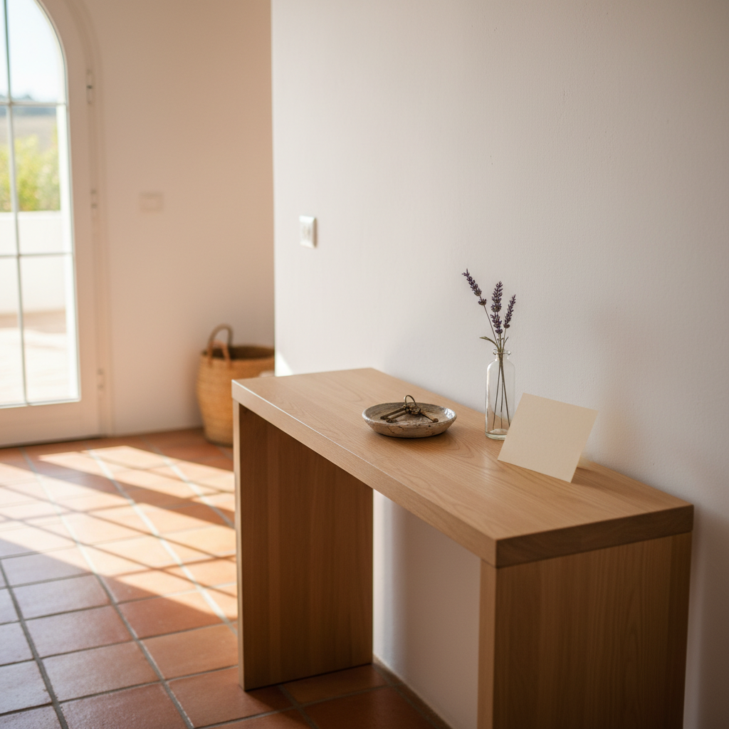 A bright and welcoming apartment entryway with keys and welcome details on a table, creating a feeling of home upon arrival.