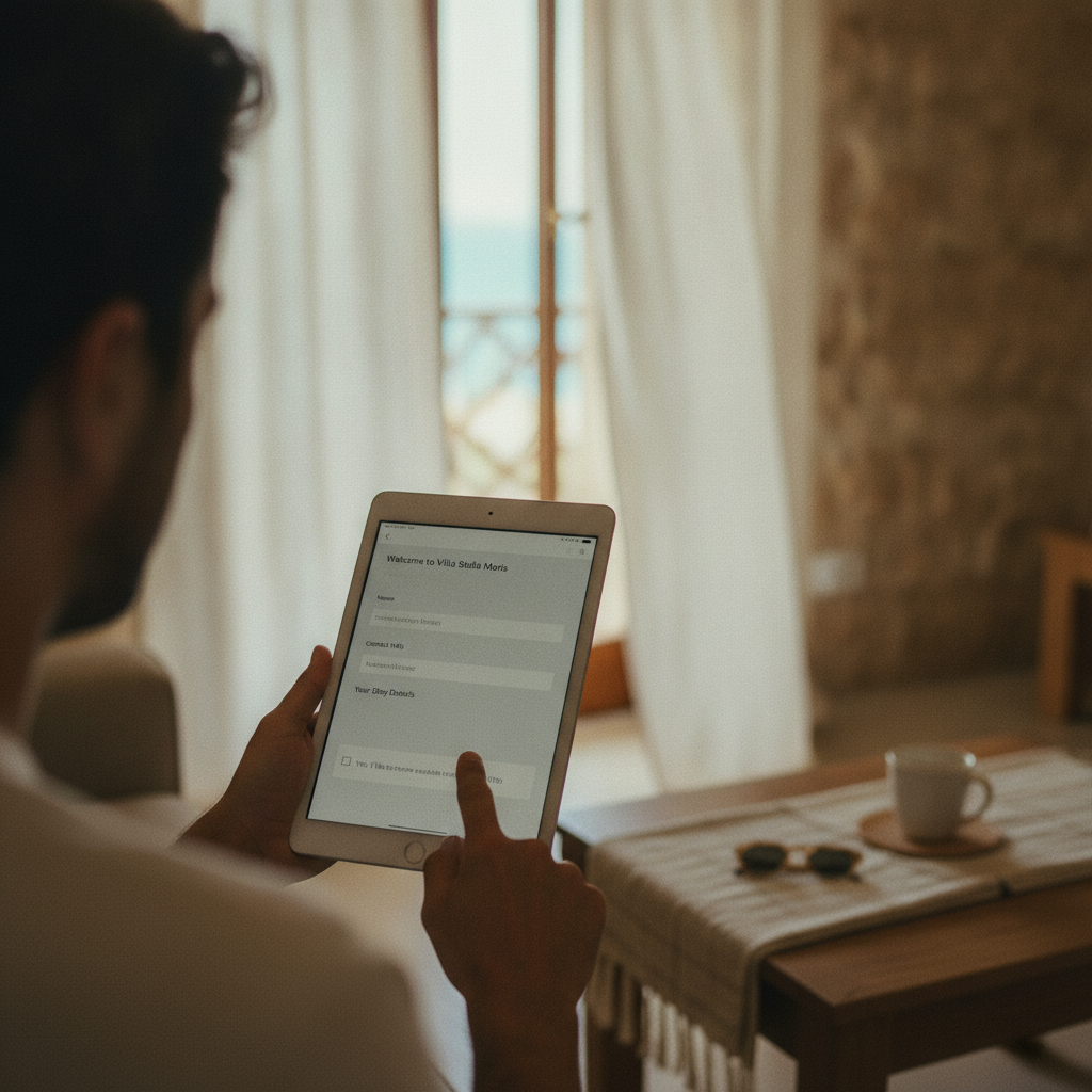 A guest fills out a digital check-in form on a tablet, with focus on the marketing consent checkbox.